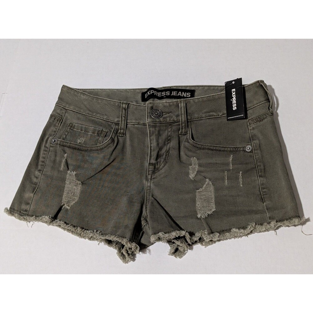 Express Jeans Olive Green Distressed Denim Cutoff Shorts Frayed Hem NWT Size 00